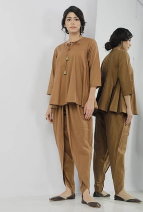Kanak Beige Plain Round Neck Gathered Tie Up Top-S