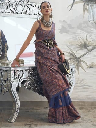 Royal Blue Kashmiri Jamewar Handloom Saree With Blouse