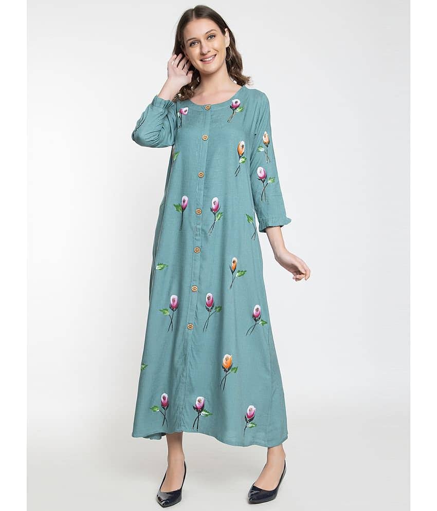 ELTHIA Women Rayon Printed Ethnic Dress ( Teal )