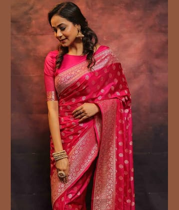 fab woven Art Silk Woven Kanjeevaram Sarees With Unstitched Blouse Piece ( Pink )