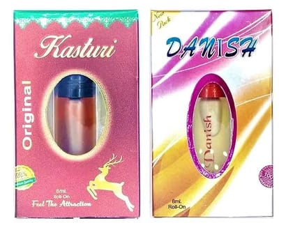 Pure Natural Original Alcohol Free Kastoori and Danish Premium Attar Combo Each (8ml) for Temple Use || For All Types of Pujan and Prayers