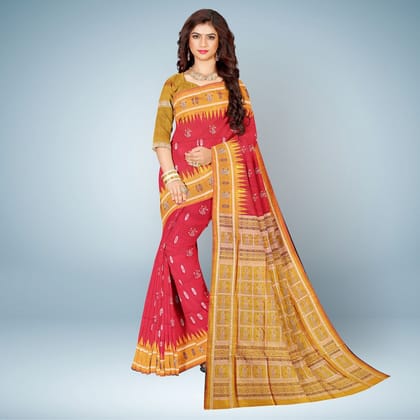 Upsdell Red Temple Border Bomkai Silk Saree Upsdell Red Temple Border Bomkai Silk Saree