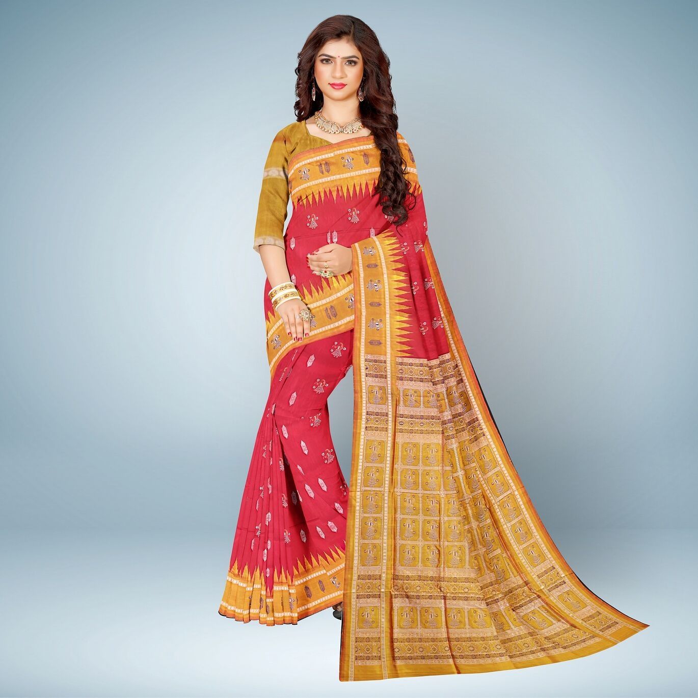 Upsdell Red Temple Border Bomkai Silk Saree