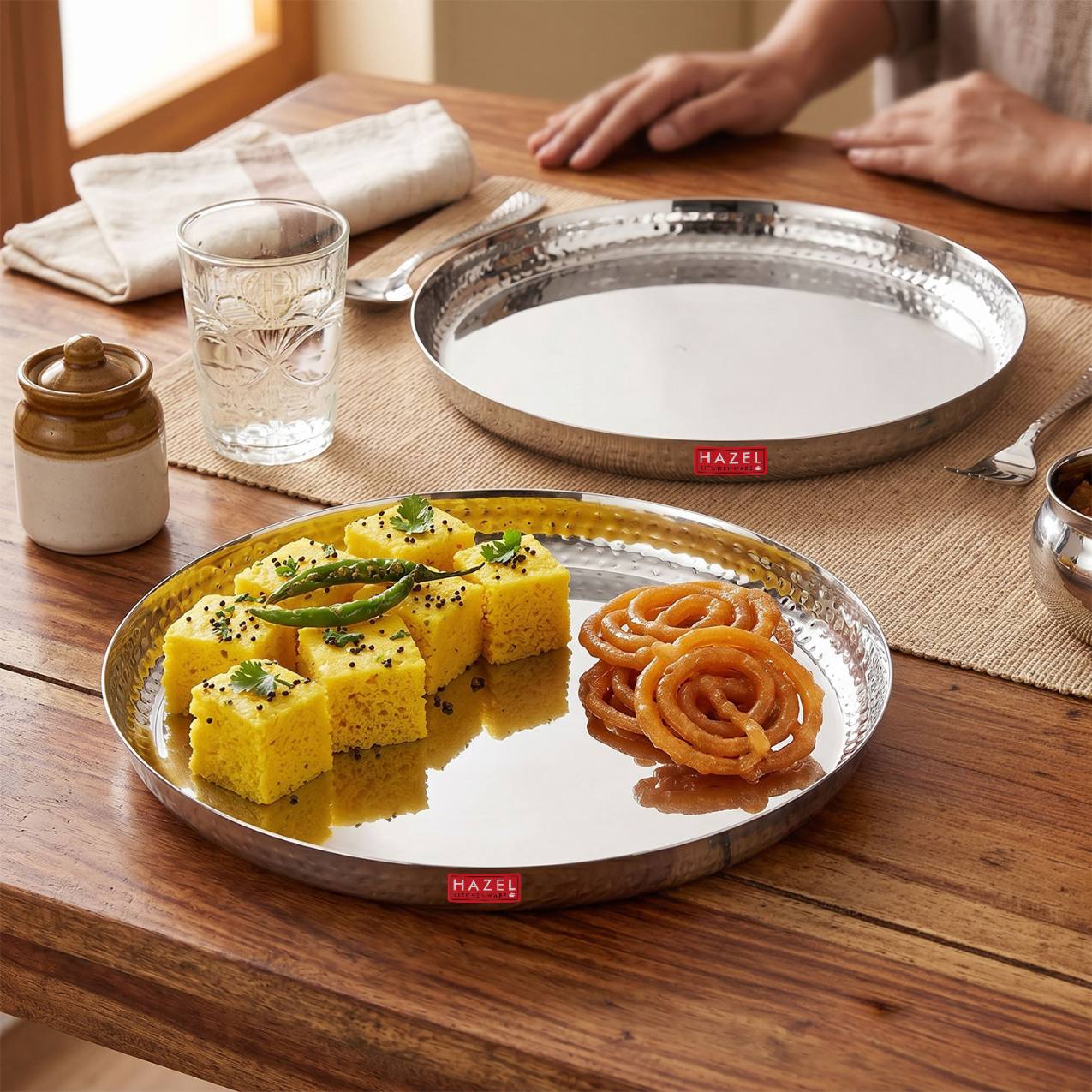 HAZEL Stainless Steel Dinner Plate 30.2cm , Hammered Walls Thali for Lunch, Tiffin Plates, Ideal for Home, Office & Restaurant, Set of 2