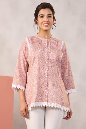 Razia Shikha Jhaal Beige Hand Block Print Short Top-S / Beige / Beige