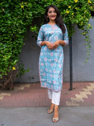 Iris Blue Floral Straight Cut Cotton Kurta-XXL