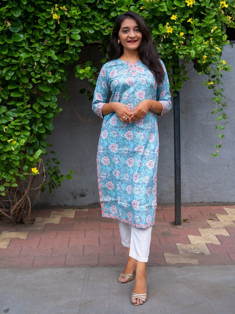 Iris Blue Floral Straight Cut Cotton Kurta-XXL