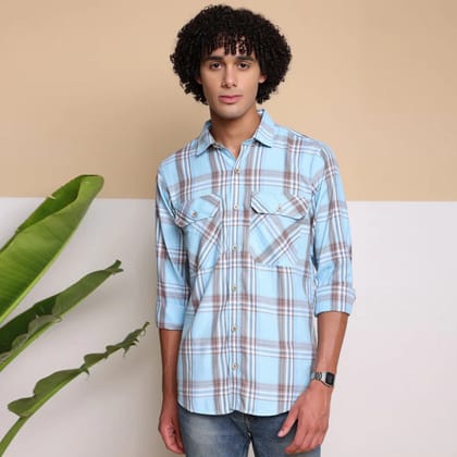 Check Regular Fit Cotton Shirt - Sky-M