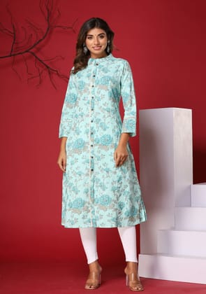 Light Blue Floral Print A-Line Kurta-XXL
