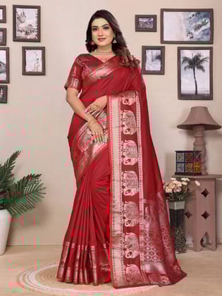 Red Soft Silk Solid Self Jacquard Weaving Banarasi Saree