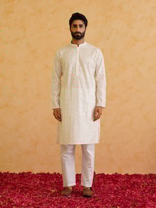 Men's Cotton Silk premium panel embroidery White Kurta with Pyjama-36