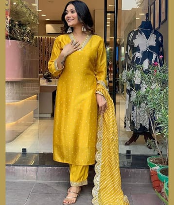 Gazal Fashions Silk Blend Embroidered Kurti With Pants Women's Stitched Salwar Suit - Yellow ( Pack of 1 )