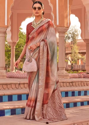 Brown And Grey Printed Banarasi Soft Silk Saree With Digital Print