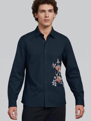 Navy Floral Printed Casual Shirt-NAVY / S