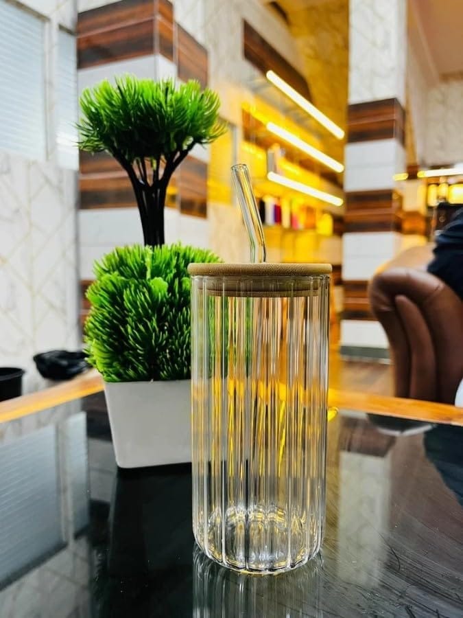 Cola Can Tumbler Glass Ribbed Borosilicate Glass with Wooden Lid & Straw � Reusable Cup for Coffee, Juice, Smoothies (510ml)