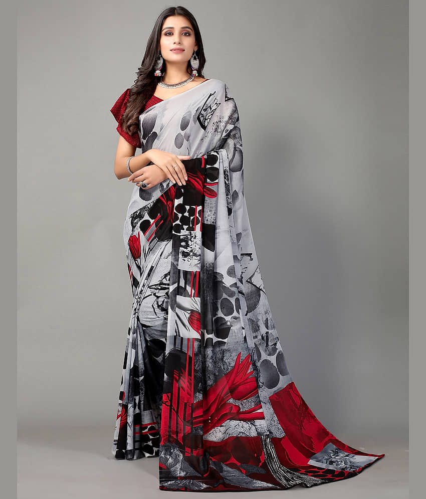 Samah Georgette Printed Saree With Unstitched Blouse Piece ( Grey )