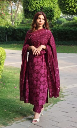 Cotton Block Print Wine Suit Set with Printed Cotton Dupatta-XS