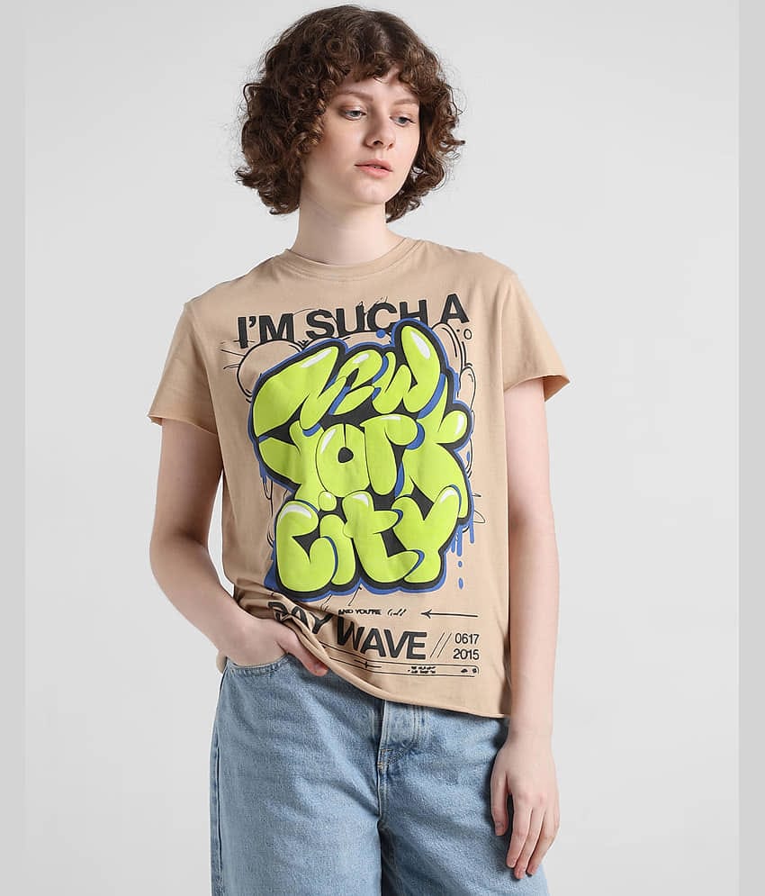 HVBK Women Cotton Printed Regular Fit Round Neck T-Shirt ( Brown )