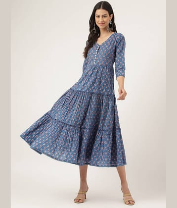 Divena Women Cotton Printed Ethnic Dress ( Blue )