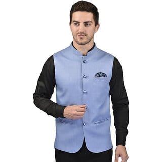 PrintCulture Men Self Design Blue Cotton Blend Nehru Jacket