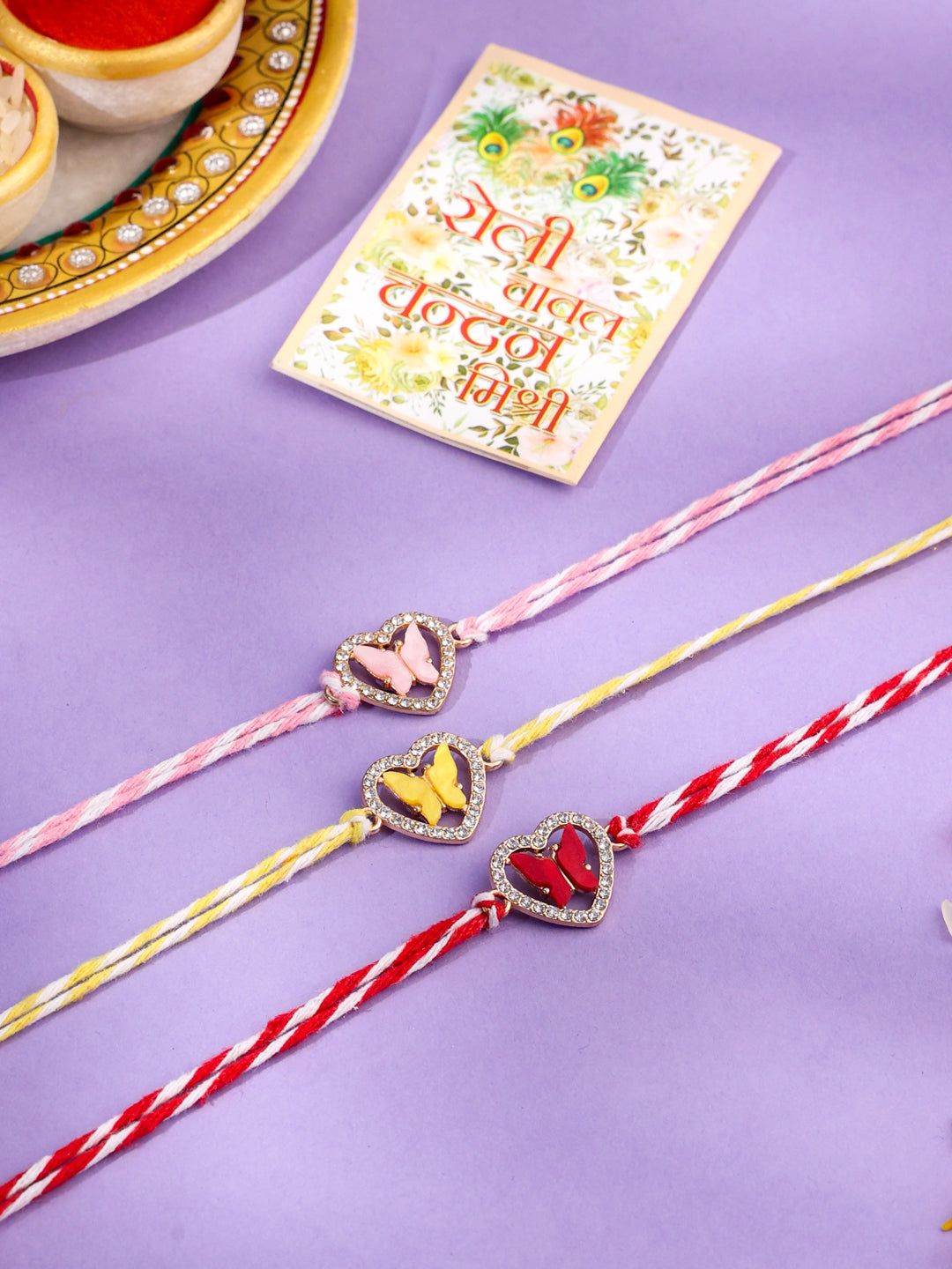 NVR Men Set of 3 Heart Shape Multicolor Artificial Stones Thread Rakhi with Roli Chawal Chandan & Mishri-One Size / Multicolor