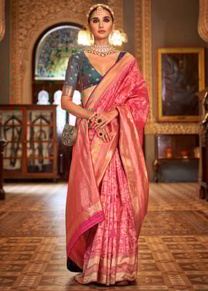 Rose Pink Woven Banarasi Soft Silk Saree