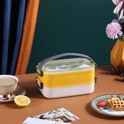 Double Decker Lunch Boxes Leak Proof Reusable Freezer Safe Lunch Box for Kids - 1200ml-Yellow white
