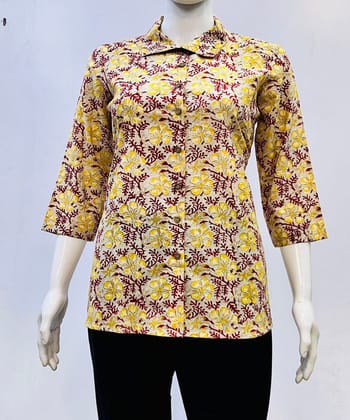 Yellow sanganeri handblock printed cotton top