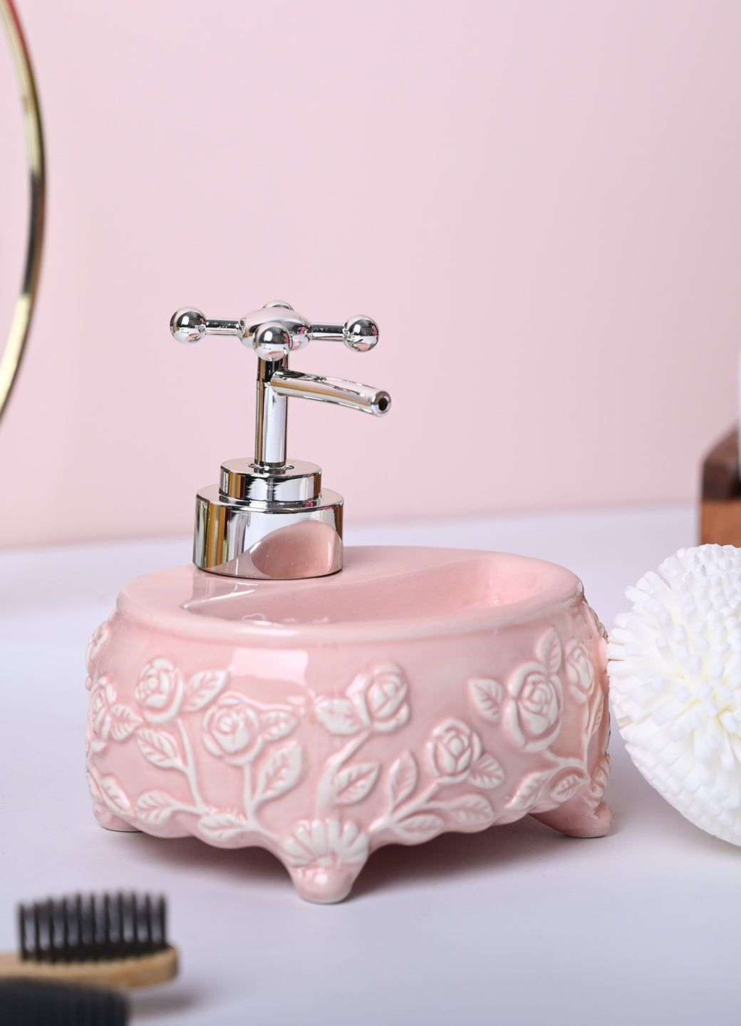 Soft Pink Kitchen Dispenser Set with Scrubber - Oval Shape