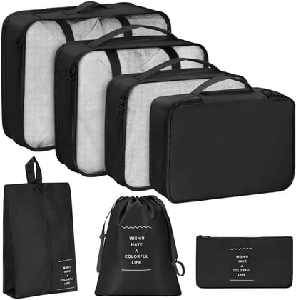 Storite 7pcs Travel Packing Cubes Set Lightweight Luggage Organizer Bags with Shoe Bag, Toiletry & Laundry Pouches - Black
