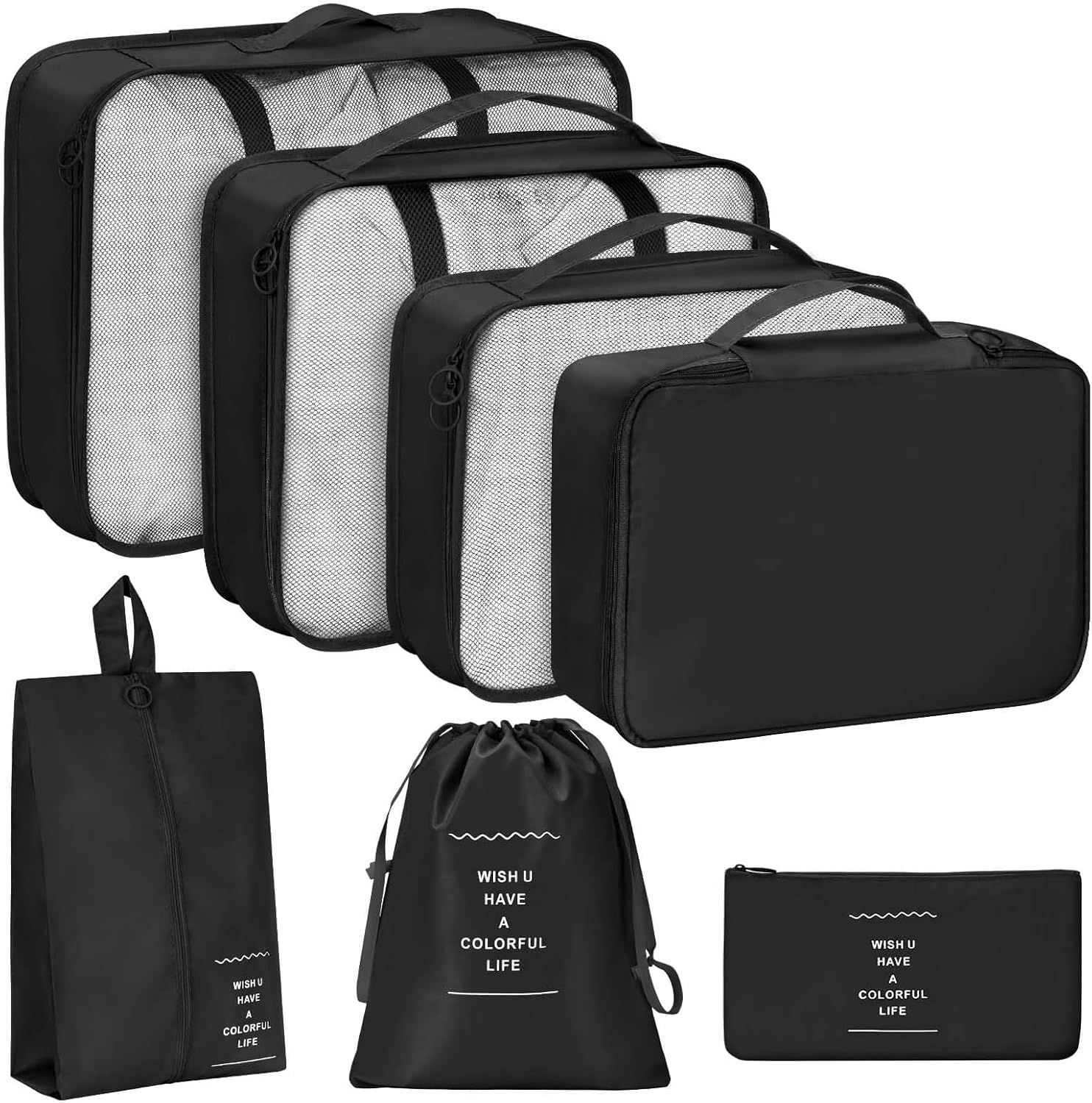 Storite 7pcs Travel Packing Cubes Set Lightweight Luggage Organizer Bags with Shoe Bag, Toiletry & Laundry Pouches - Black