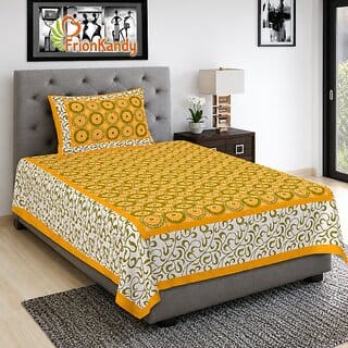 Cotton Yellow Single Bedsheet with One Pillow Cover (90 x 60 Inch)