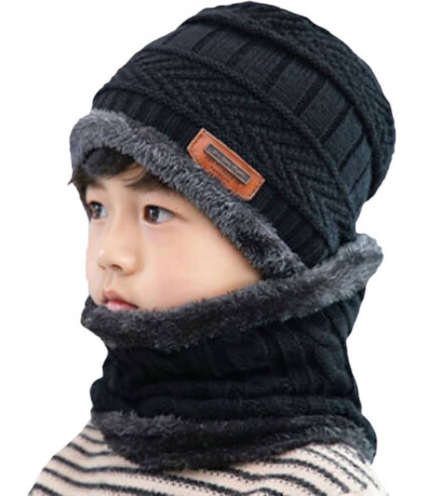 INFISPACE Baby's Boy's Warm Beanie Cap & Neck Scarf Set | Kids/Boys/Girls/Unisex Winter Woolen Warm Beanie Cap with Neck Warmer Black Color| Size- 6-12 Months