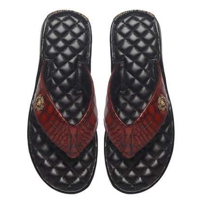 Cognac V- Strap Slide-in Slippers with Diamond Stitched Base in Deep Cut Leather-40/6