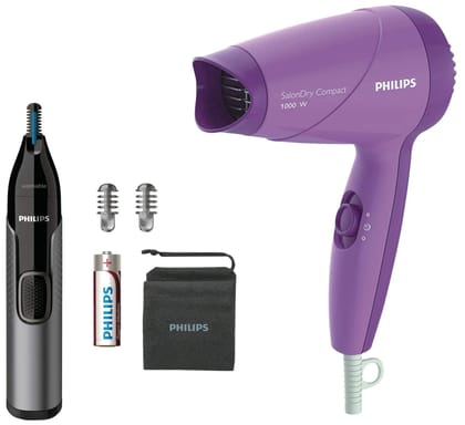 Philips Nose Trimmer Nt3650/16, Cordless Battery Powered Nose, Ear & Eyebrow Trimmer With Protective Guard System (Gray) & 1000 Watts Hair Dryer (Hp8100/46, Purple) - Unisex Philips Nose Trimmer Nt3650/16, Cordless Battery Powered Nose, Ear & Eyebrow Tri