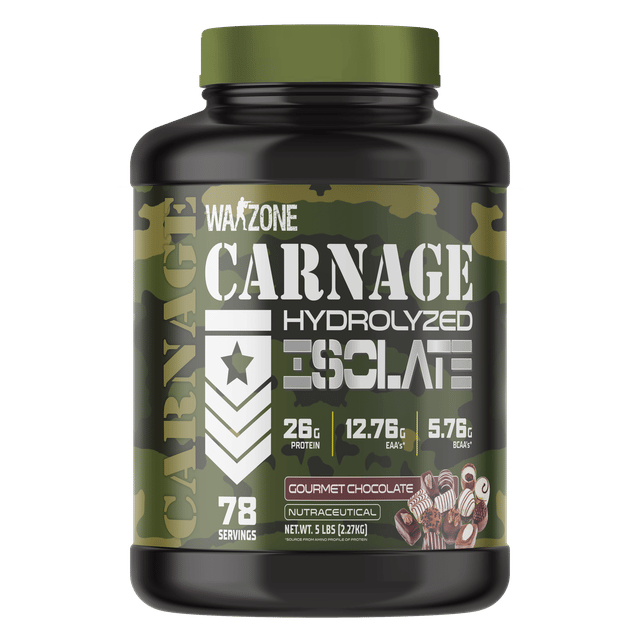 Warzone Nutrition I Carnage I Hydrolyzed Isolate I 26 GM Protein I 12.76 GM EAA's I 5.76 GM BCAA's I 78 Servings I Nutraceutical I Gourmet Chocolate I 5 LBS (2.27 KG)