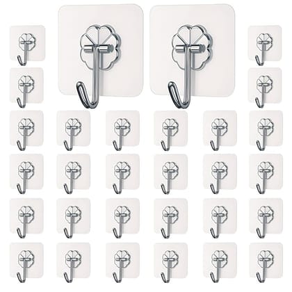 Self Adhesive Wall Hooks - Heavy Duty Wall Hooks for Hanging | Nail Free Sticky Hooks for Wall Heavy Items Without Drilling, Transparent Wall Hanger Hook (30)