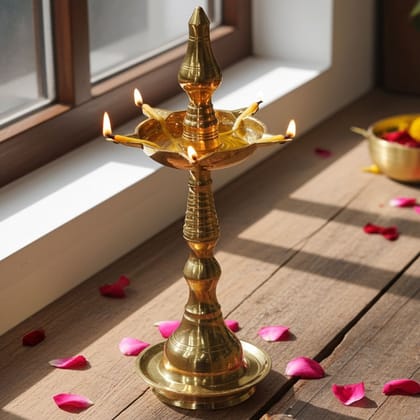 Brass Kerala Fancy Deepak, Oil Lamp No. 9  - Classic Brass Diya for Worship, Height : 11.2 Inch (FMAS642 C)