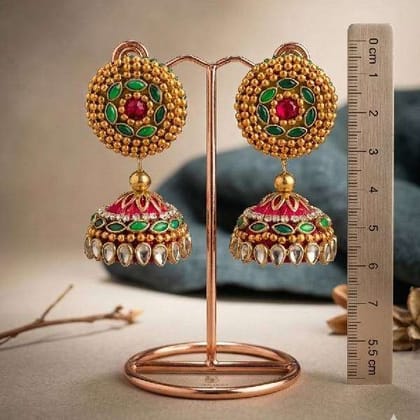 Handmade Rajwadi Silkthread Kundan Jhumka Red Green Golden Perfect Wedding Festive Diwali