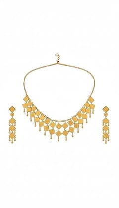 Gold Necklace and Earrings Set, Traditional Geometric Design with Square Pendants and Danglers