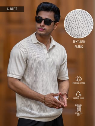 Arrow Knit Off White Half Sleeve Polo T-Shirt-S
