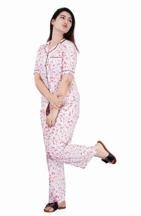 Women's Casual Half Sleeve Printed Viscose Rayon Shirt with Pyjama Pant Night Suit Set Size S (Baby Pink)