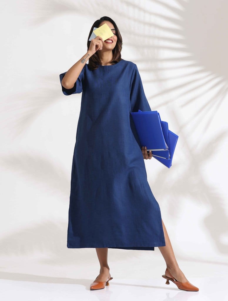 trueBrowns Blue Slub Dress - Blue  (3XL)