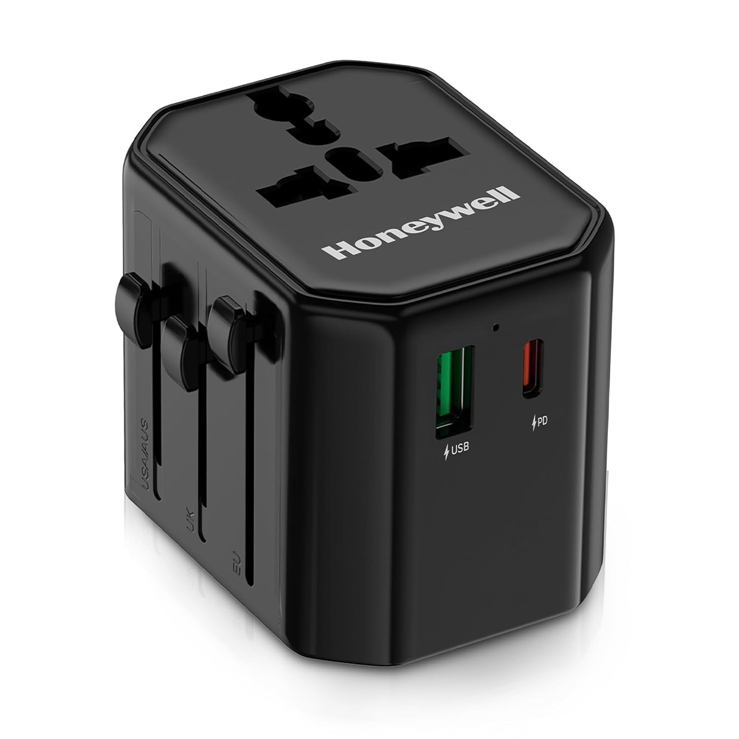 Honeywell New Launch Universal Travel Adapter 38W, 3-in-1 Fast Charging, Universal Socket, TypeC, USBA, Worldwide Wall Charger for EU,US,UK & CN/AUS, Perfect for All Devices- Black