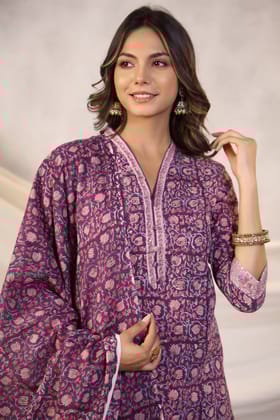 Maheen Mahira Purple Block Printed Mul Mul Dupatta-88 X 250 CM / Purple / Purple