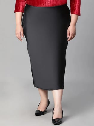 Solid Black Elasticated Knee-length Plus Size Satin Skirt-2XL