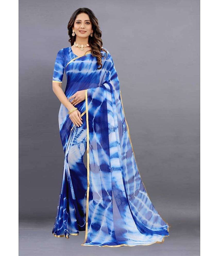 JULEE Chiffon Dyed Saree With Unstitched Blouse Piece ( Blue )