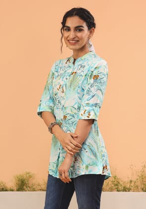 Aqua Green Tropical Print Top-3XL