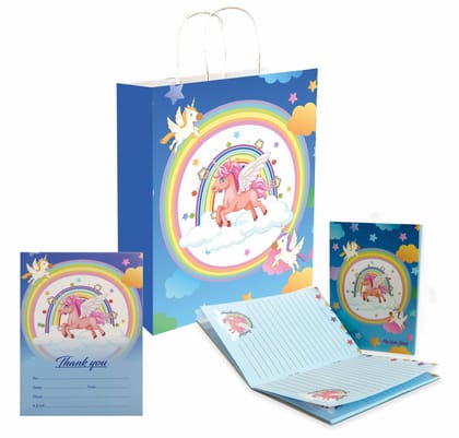 Fantasy Unicorn Printed Premium Paper Gift Bags, Notepads & Thank You Cards Combo - 36 Piece Set, Ideal for Kids Birthday Gifts, Return Gifts, Special Occasion Gifting (12 Units of Each Item)