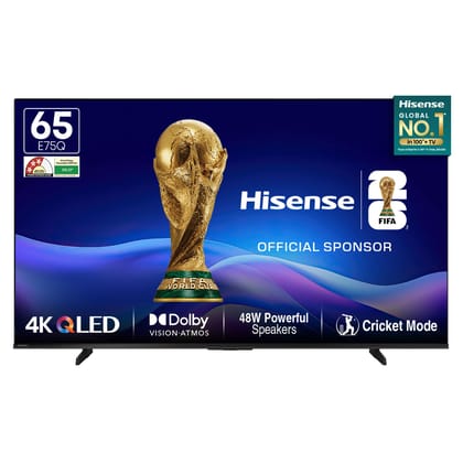 Hisense 164 cm (65 Inches) 4K Ultra HD Smart QLED TV | 48W Powerful Speakers | Dolby Atmos & HDR10+ | ALLM, VRR & Game Mode | Cricket Mode | AI 4K Upscaler | VIDAA OS | 65E75Q (Black) Hisense 164 cm (65 Inches) 4K Ultra HD Smart QLED TV | 48W Powerful Sp